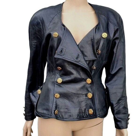 Vintage 80s Jitrois Black Lambskin Leather Military Jacket S Peplum - Picture 5 of 16